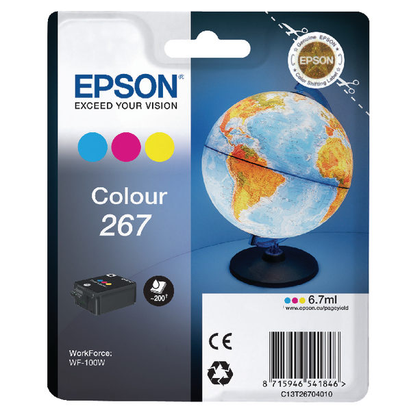 Epson Tri-Colour 267 Globe Ink Cartridge for WF-100W C13T26704010-0