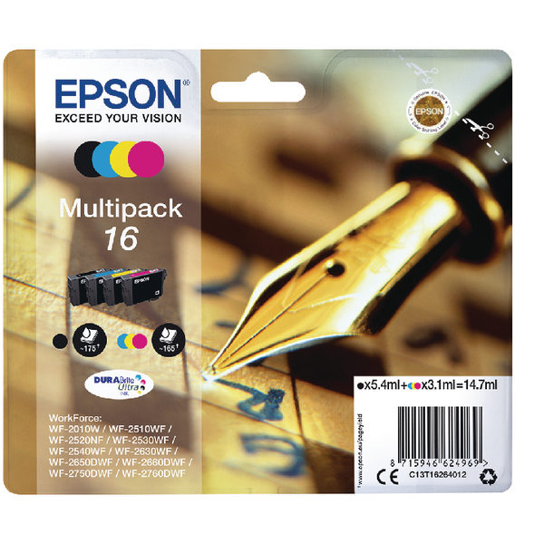 Epson 16 Black Cyan Magenta Yellow Ink Cartridge Pk4 C13T16264012-0